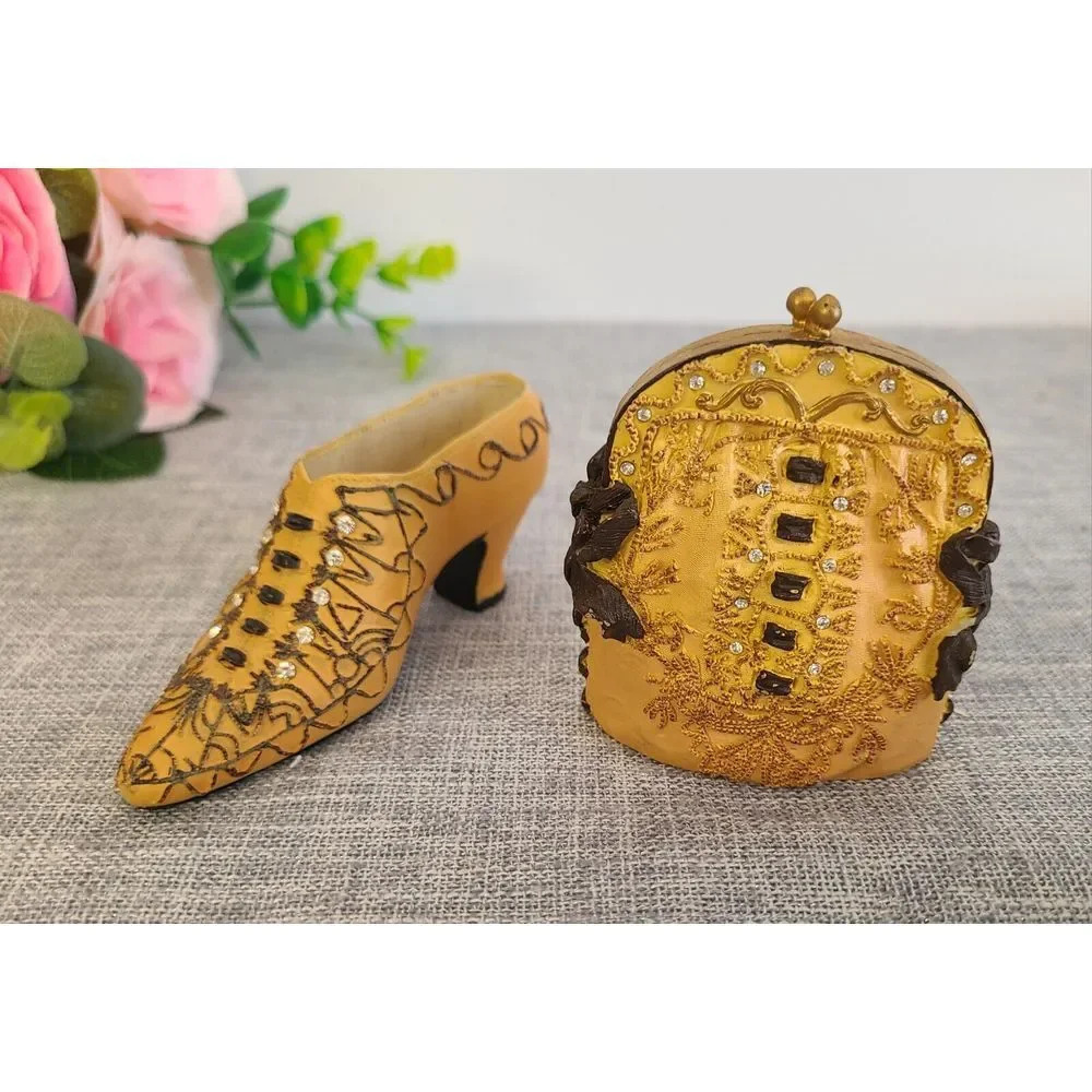 Vintage Miniature Nostalgia‎ Decorative Handbag & Shoe Beige & Gold, Knick Knack